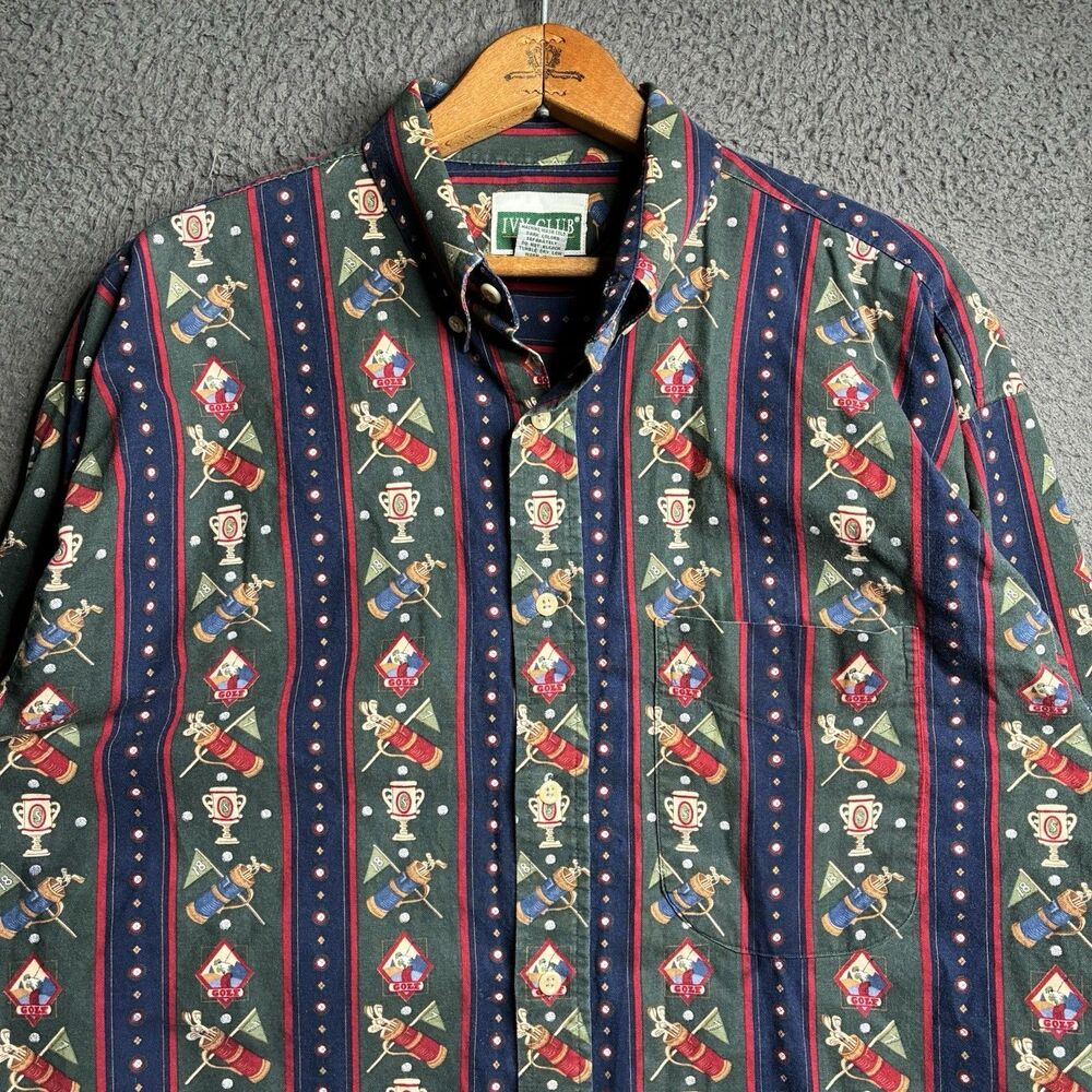 Vintage 90s Ivy Club Button Down Shirt 100% Cotton Old Money Golf Striped Large